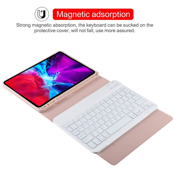 TG11BS Detachable Bluetooth White Keyboard Microfiber Leather Tablet Case for iPad Pro 11 inch (2020), with Backlight & Pen Slot & Holder (Pink)