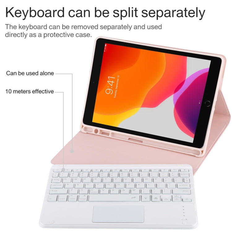 TG-102BCS Detachable Bluetooth White Keyboard + Microfiber Leather Tablet Case for iPad 10.2 inch / iPad Air (2019), with Touch Pad & Backlight & Pen Slot & Holder (Pink)