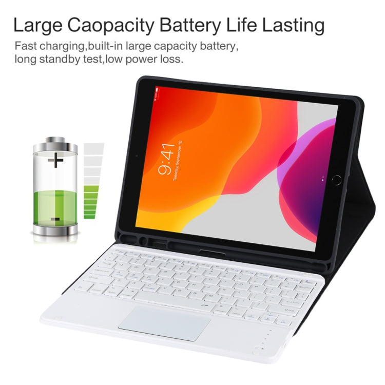 TG-102BC Detachable Bluetooth White Keyboard + Microfiber Leather Tablet Case for iPad 10.2 inch / iPad Air (2019), with Touch Pad & Pen Slot & Holder(Black)