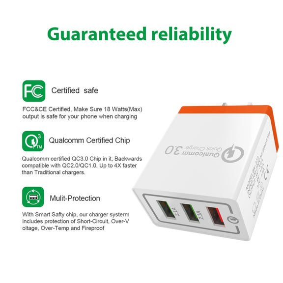 AR-QC-03 2.1A 3 USB Ports Quick Charger Travel Charger, US Plug(Black)