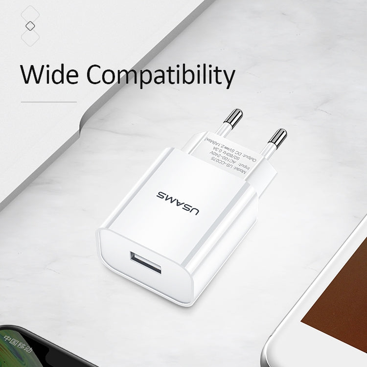 USAMS US-CC075 T18 2.1A Single USB Travel Charger, EU Plug (White)