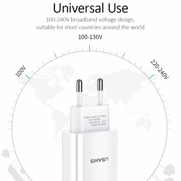 USAMS US-CC075 T18 2.1A Single USB Travel Charger, EU Plug (White)