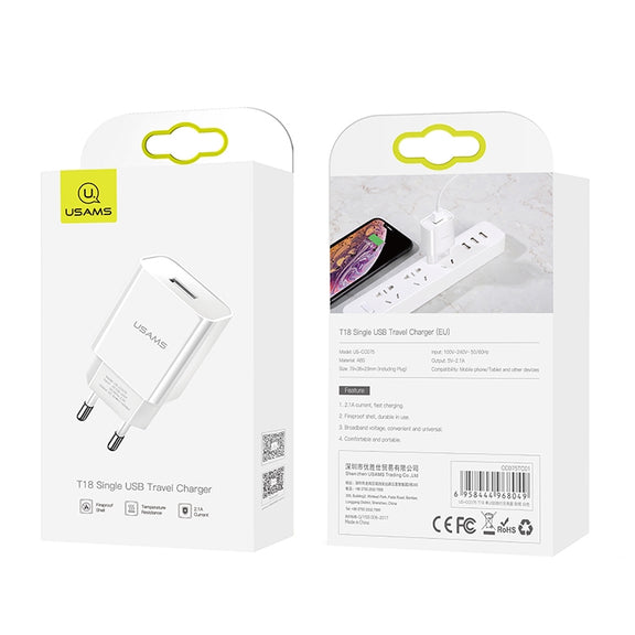 USAMS US-CC075 T18 2.1A Single USB Travel Charger, EU Plug (White)