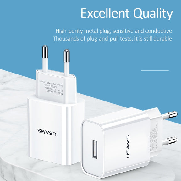 USAMS US-CC075 T18 2.1A Single USB Travel Charger, EU Plug (White)