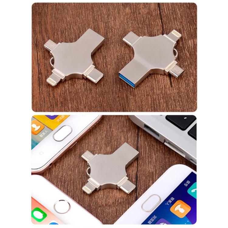 Cross 4 in 1 128GB 8 Pin + Micro USB + USB-C / Type-C + USB 3.0 Metal Flash Disk(Silver)