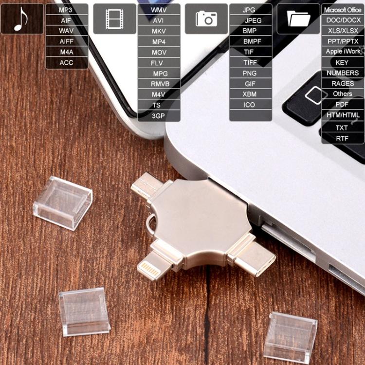 Cross 4 in 1 128GB 8 Pin + Micro USB + USB-C / Type-C + USB 3.0 Metal Flash Disk(Silver)