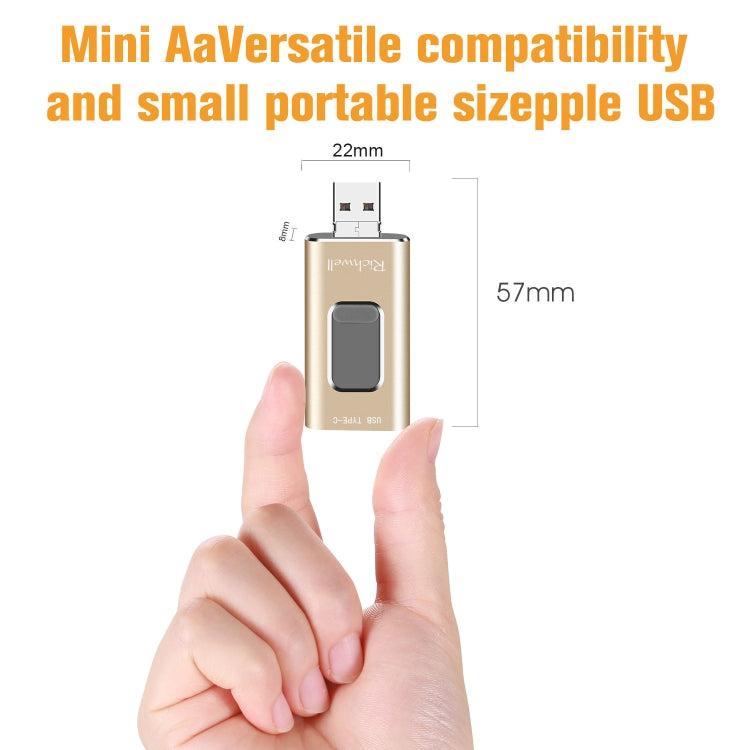 Richwell 3 in 1 16G Type-C + 8 Pin + USB 3.0 Metal Push-pull Flash Disk with OTG Function(Gold)