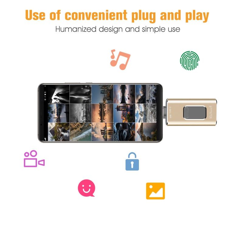 Richwell 3 in 1 32G Type-C + 8 Pin + USB 3.0 Metal Push-pull Flash Disk with OTG Function(Gold)