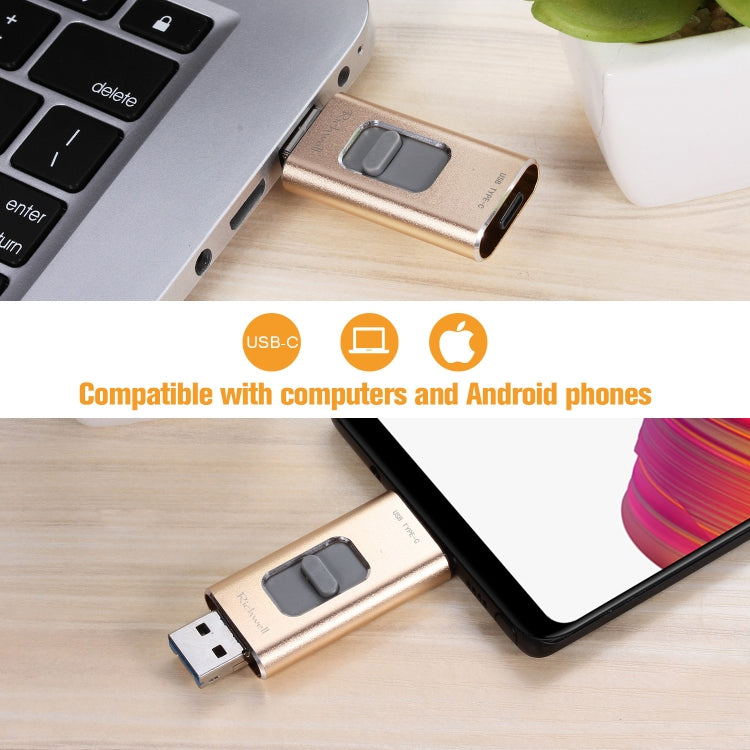 Richwell 3 in 1 32G Type-C + 8 Pin + USB 3.0 Metal Push-pull Flash Disk with OTG Function(Gold)