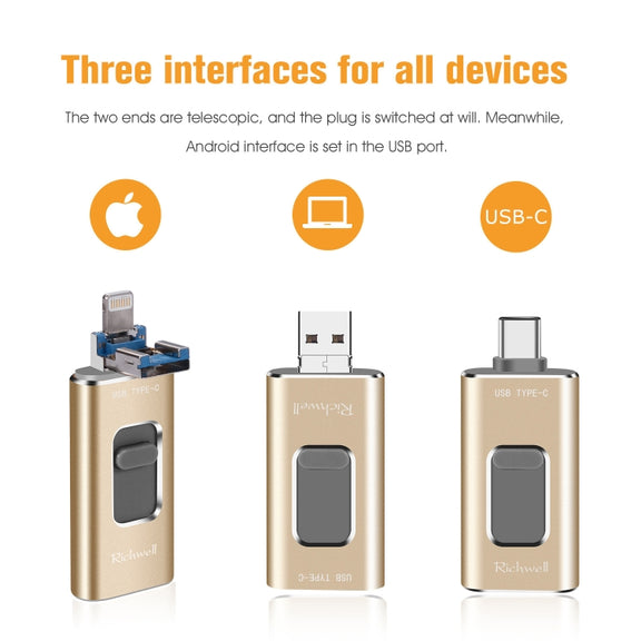 Richwell 3 in 1 64G Type-C + 8 Pin + USB 3.0 Metal Push-pull Flash Disk with OTG Function(Black)