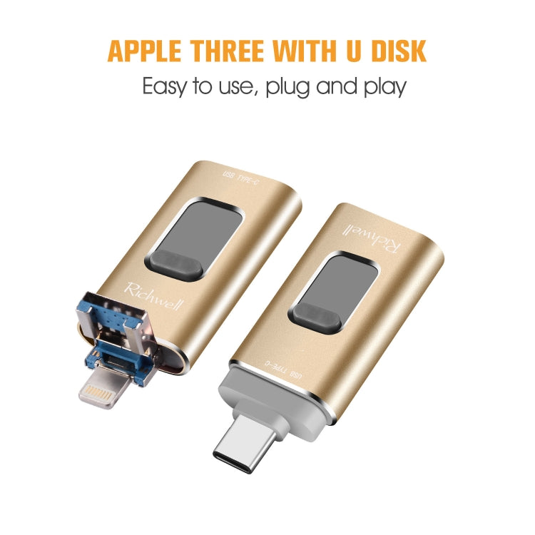 Richwell 3 in 1 128G Type-C + 8 Pin + USB 3.0 Metal Push-pull Flash Disk with OTG Function(Black)