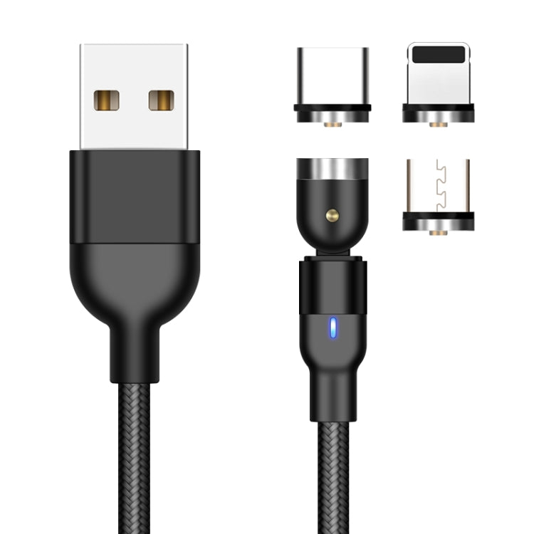2m 2A Output 3 in 1 USB to 8 Pin + USB-C / Type-C + Micro USB Nylon Braided Rotate Magnetic Charging Cable (Black)