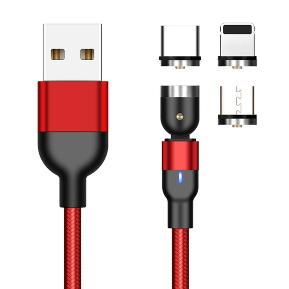 2m 2A Output 3 in 1 USB to 8 Pin + USB-C / Type-C + Micro USB Nylon Braided Rotate Magnetic Charging Cable (Red)