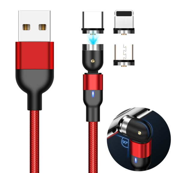 2m 2A Output 3 in 1 USB to 8 Pin + USB-C / Type-C + Micro USB Nylon Braided Rotate Magnetic Charging Cable (Red)