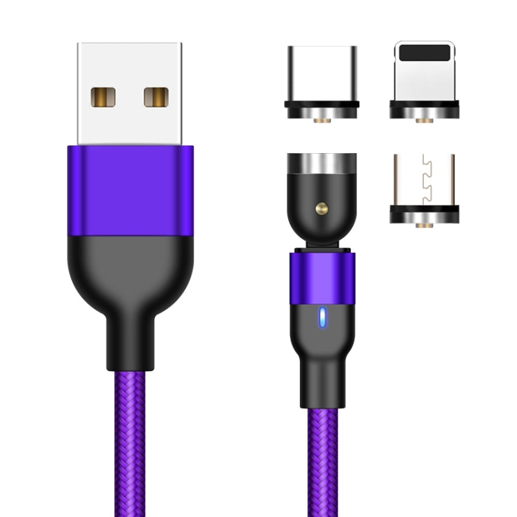 1m 2A Output 3 in 1 USB to 8 Pin + USB-C / Type-C + Micro USB Nylon Braided Rotate Magnetic Charging Cable (Purple)