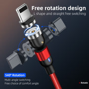 1m 2A Output 3 in 1 USB to 8 Pin + USB-C / Type-C + Micro USB Nylon Braided Rotate Magnetic Charging Cable (Red)