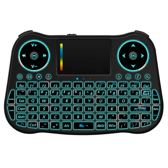 MT08 2.4GHz Mini Wireless Air Mouse QWERTY Keyboard with Colorful Backlight & Touchpad & Multimedia Control for PC, TV(Black)