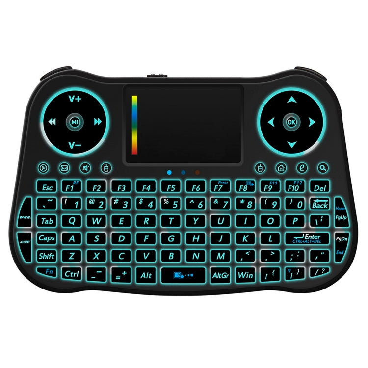 MT08 2.4GHz Mini Wireless Air Mouse QWERTY Keyboard with Colorful Backlight & Touchpad & Multimedia Control for PC, TV(Black)
