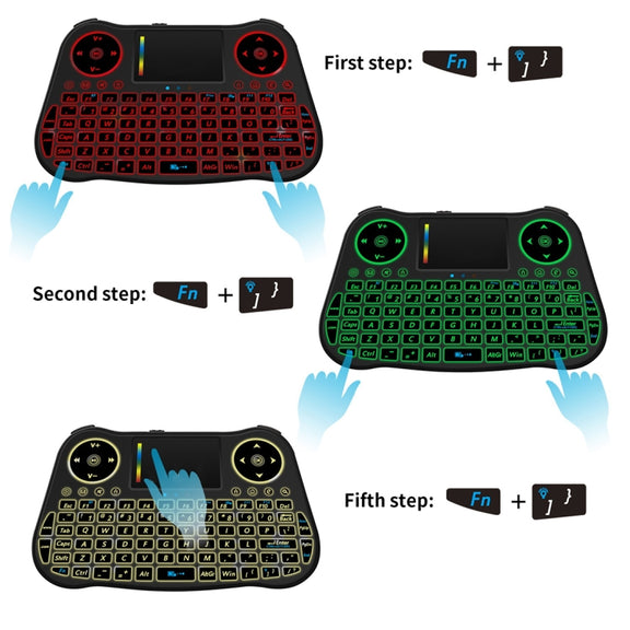 MT08 2.4GHz Mini Wireless Air Mouse QWERTY Keyboard with Colorful Backlight & Touchpad & Multimedia Control for PC, TV(Black)