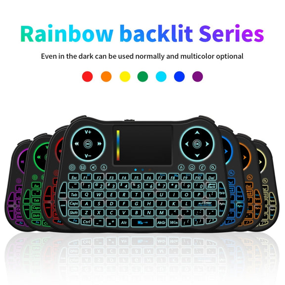 MT08 2.4GHz Mini Wireless Air Mouse QWERTY Keyboard with Colorful Backlight & Touchpad & Multimedia Control for PC, TV(Black)
