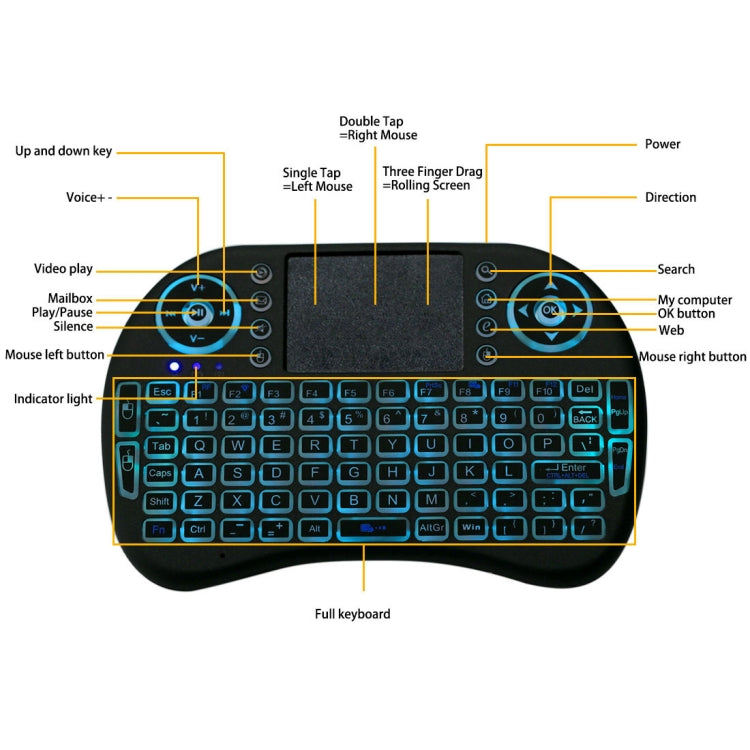 2.4GHz Mini i8 Wireless QWERTY Keyboard with Colorful Backlight & Touchpad & Multimedia Control for PC, Android TV BOX, X-BOX Player, Smartphones(Black)