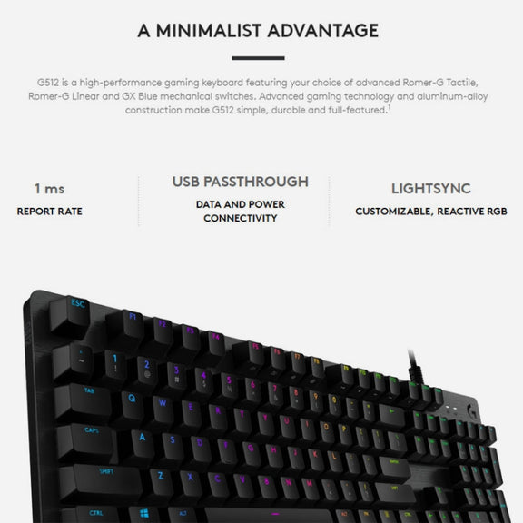 Logitech G512 RGB C-axis Mechanical Wired Gaming Keyboard, Length: 1.8m (Black)