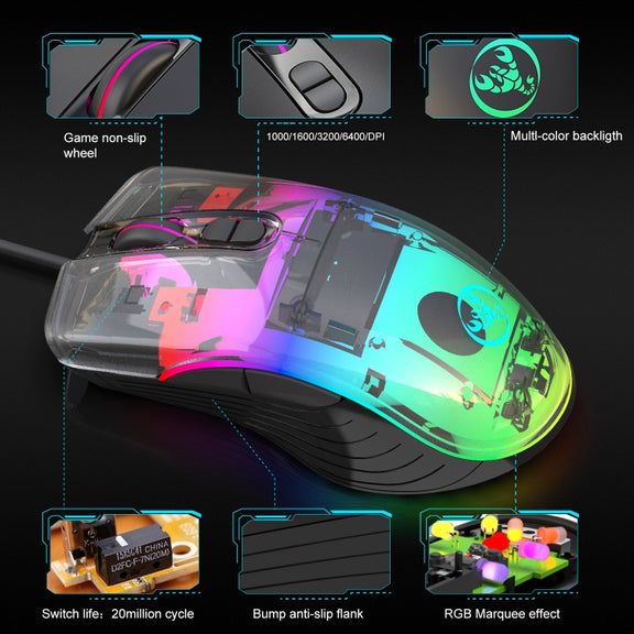 HXSJ A867 USB 6400DPI Four-speed Adjustable RGB Illuminate Wired E-sport Gaming Mouse, Length: 1.5m