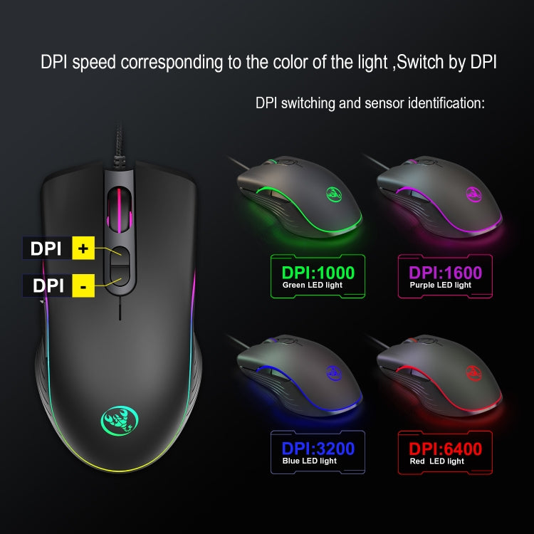 HXSJ A867 USB 6400DPI Four-speed Adjustable RGB Illuminate Wired E-sport Gaming Mouse, Length: 1.5m