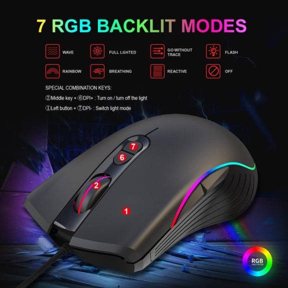 HXSJ A867 USB 6400DPI Four-speed Adjustable RGB Illuminate Wired E-sport Gaming Mouse, Length: 1.5m