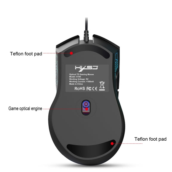 HXSJ X100 7-buttons 3600 DPI Cool Glowing Wired Gaming Mouse, Cable Length: 1.5m (Black)