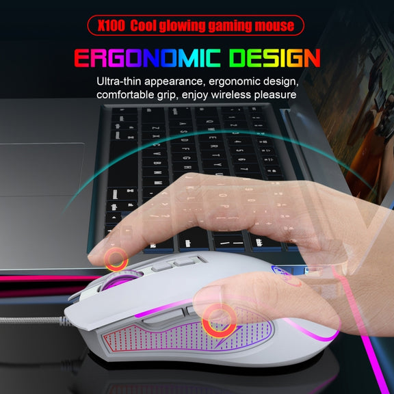 HXSJ X100 7-buttons 3600 DPI Cool Glowing Wired Gaming Mouse, Cable Length: 1.5m (White)