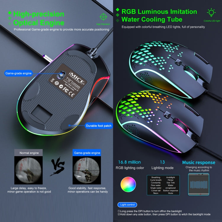 iMICE T97 Gaming Mouse RGB LED Light USB 7 Buttons 7200 DPI Wired Gaming Mouse (Black)