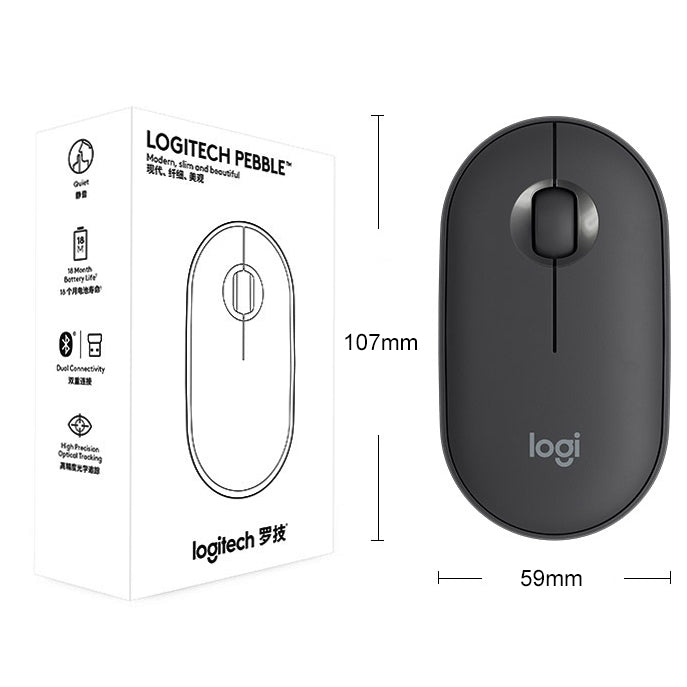 Logitech Pebble Cobblestone Shape Thin 3-keys 1000DPI Mute Wireless Bluetooth Optical Mouse, Wireless Range: 10m (Black)