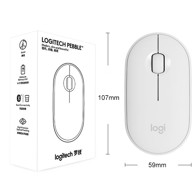Logitech Pebble Cobblestone Shape Thin 3-keys 1000DPI Mute Wireless Bluetooth Optical Mouse, Wireless Range: 10m (White)