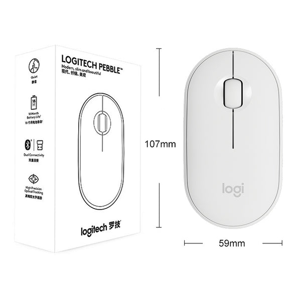 Logitech Pebble Cobblestone Shape Thin 3-keys 1000DPI Mute Wireless Bluetooth Optical Mouse, Wireless Range: 10m (White)
