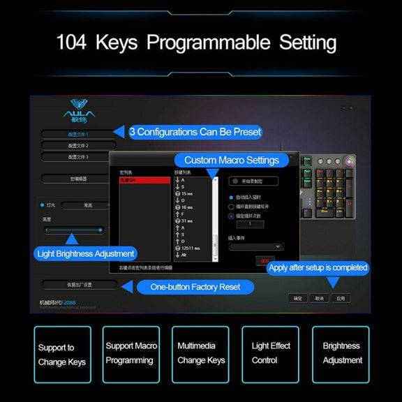 AULA F2088 108 Keys Mixed Light Mechanical Blue Switch Wired USB Gaming Keyboard with Metal Button(Black)
