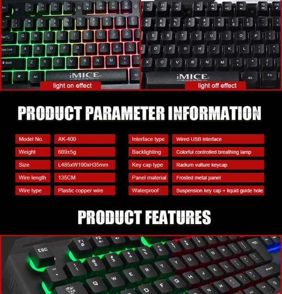 iMICE AK-400 USB Interface 104 Keys Wired Colorful Backlight Gaming Keyboard for Computer PC Laptop(Black)