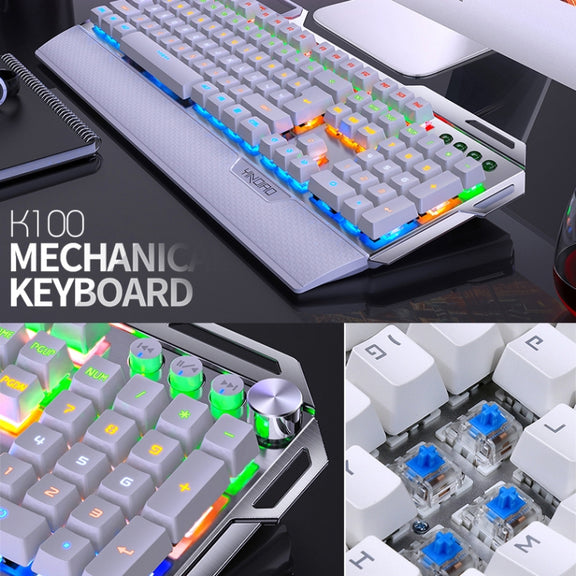 YINDIAO K100 USB Metal Mechanical Gaming Wired Keyboard, Mixed Light Blue Shaft (White)