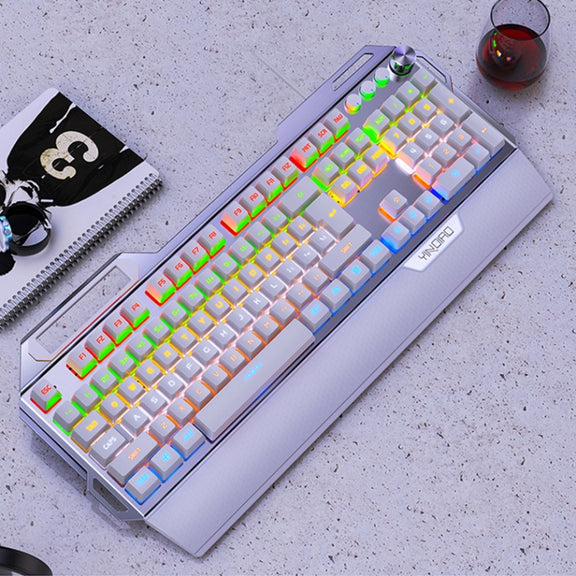 YINDIAO K100 USB Metal Mechanical Gaming Wired Keyboard, Mixed Light Blue Shaft (White)