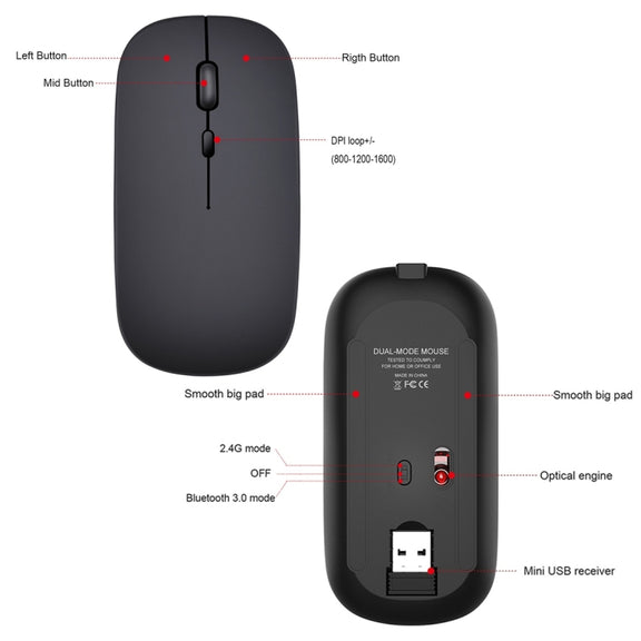 HXSJ M90 2.4GHz Ultrathin Mute Rechargeable Dual Mode Wireless Bluetooth Notebook PC Mouse(Grey)