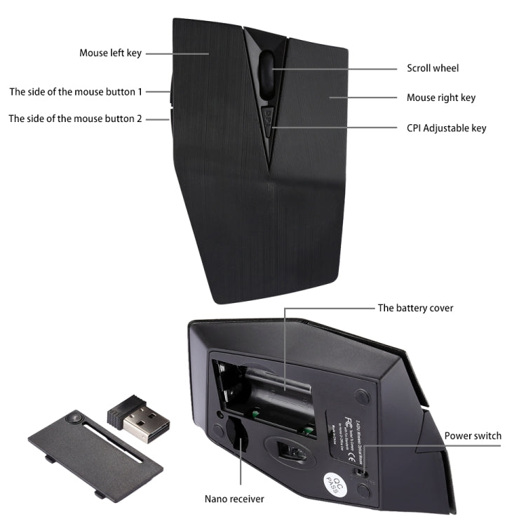 2.4GHz USB Receiver Adjustable 1200 DPI Wireless Optical Mouse for Computer PC Laptop (Black)