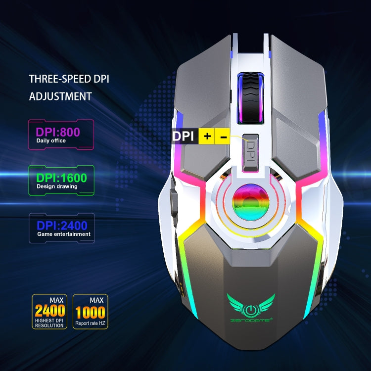 ZERODATE T30 2.4GHz 2400DPI Three-speed Adjustable RGB Backlight Wireless Optical Mouse(Grey)