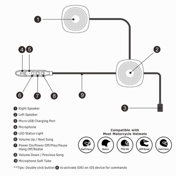 T2 Bluetooth V5.0 Helmet Headset 5V for Motorcycle Driving with Anti-interference Microphone