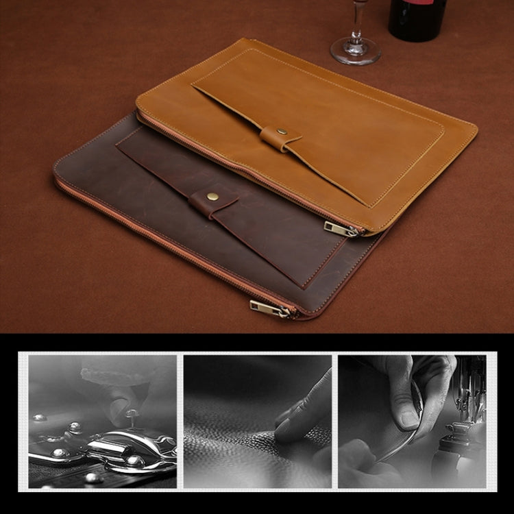 Universal Genuine Leather Business Zipper Laptop Tablet Bag For 13 inch and Below(Coffee)
