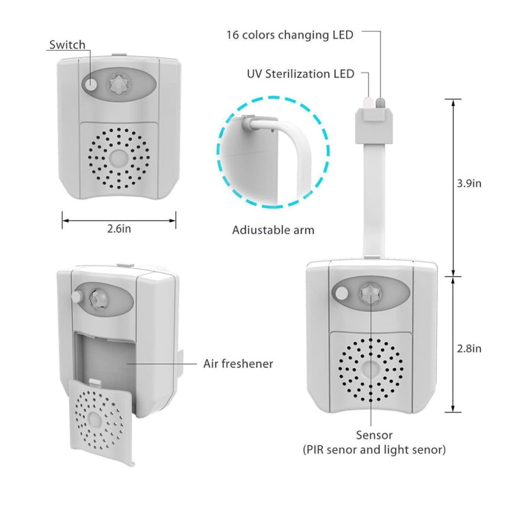 16-colors PIR Motion Sensor + Light Sensor UV Sterilization Aromatherapy LED Light, Home Toilet Bathroom Seat Night Light, DC 5V