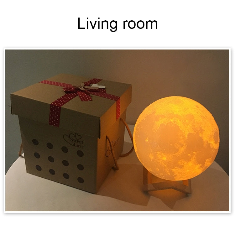 15cm Touch Control 3D Print Moon Lamp, USB Charging White + Yellow Light Color Changing LED Energy-saving Night Light with Wooden Holder Base