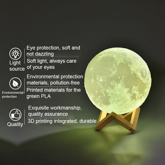 15cm Touch Control 3D Print Moon Lamp, USB Charging White + Yellow Light Color Changing LED Energy-saving Night Light with Wooden Holder Base