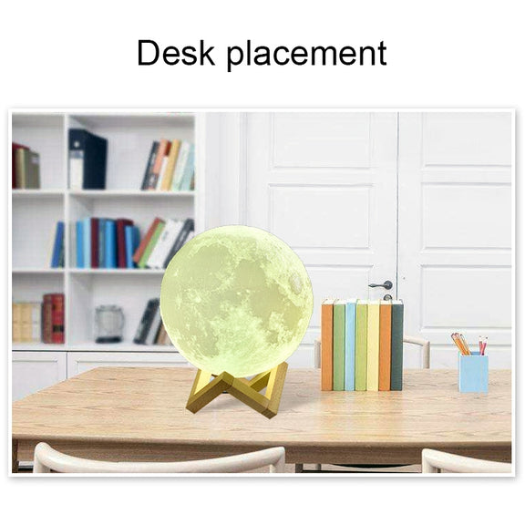 15cm Touch Control 3D Print Moon Lamp, USB Charging White + Yellow Light Color Changing LED Energy-saving Night Light with Wooden Holder Base