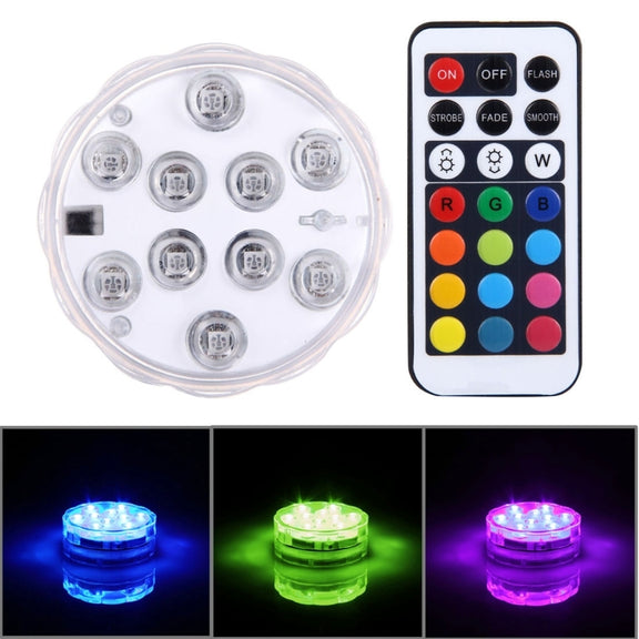 Water-resistant Submersible LED Light, 10 LEDs Cylinder Remote Controlled with Remote Controllor, Remote Control Range(in Open Area): 24-30 Feet