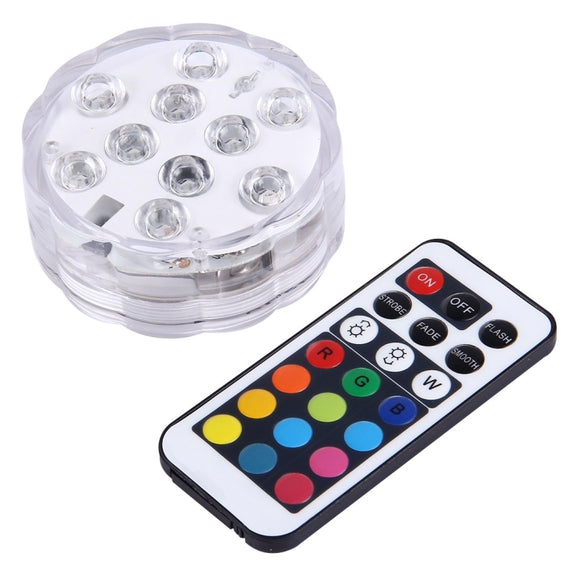 Water-resistant Submersible LED Light, 10 LEDs Cylinder Remote Controlled with Remote Controllor, Remote Control Range(in Open Area): 24-30 Feet